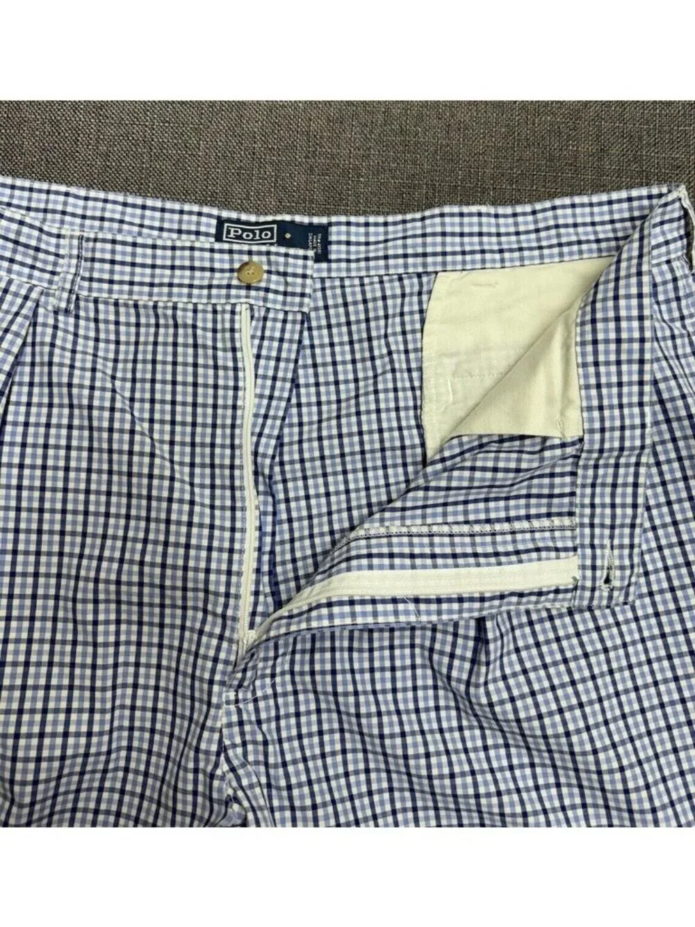 VTG Polo Ralph Lauren Shorts Pleated Front Tyler Chino Blue White Check